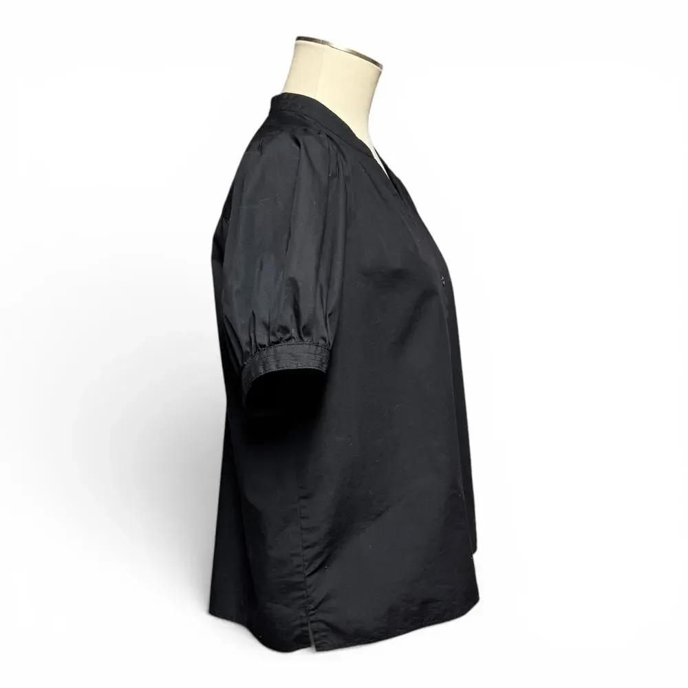 Nine West Cotton Puff Sleeve V-Neck Button Up Blouse Top Black Large - Picture 5 of 6
